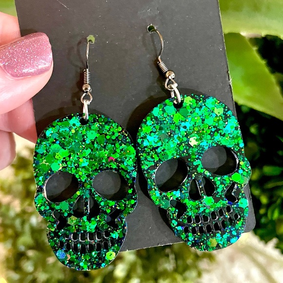 Celestial Green Skull Earrings - Picture 2 of 3